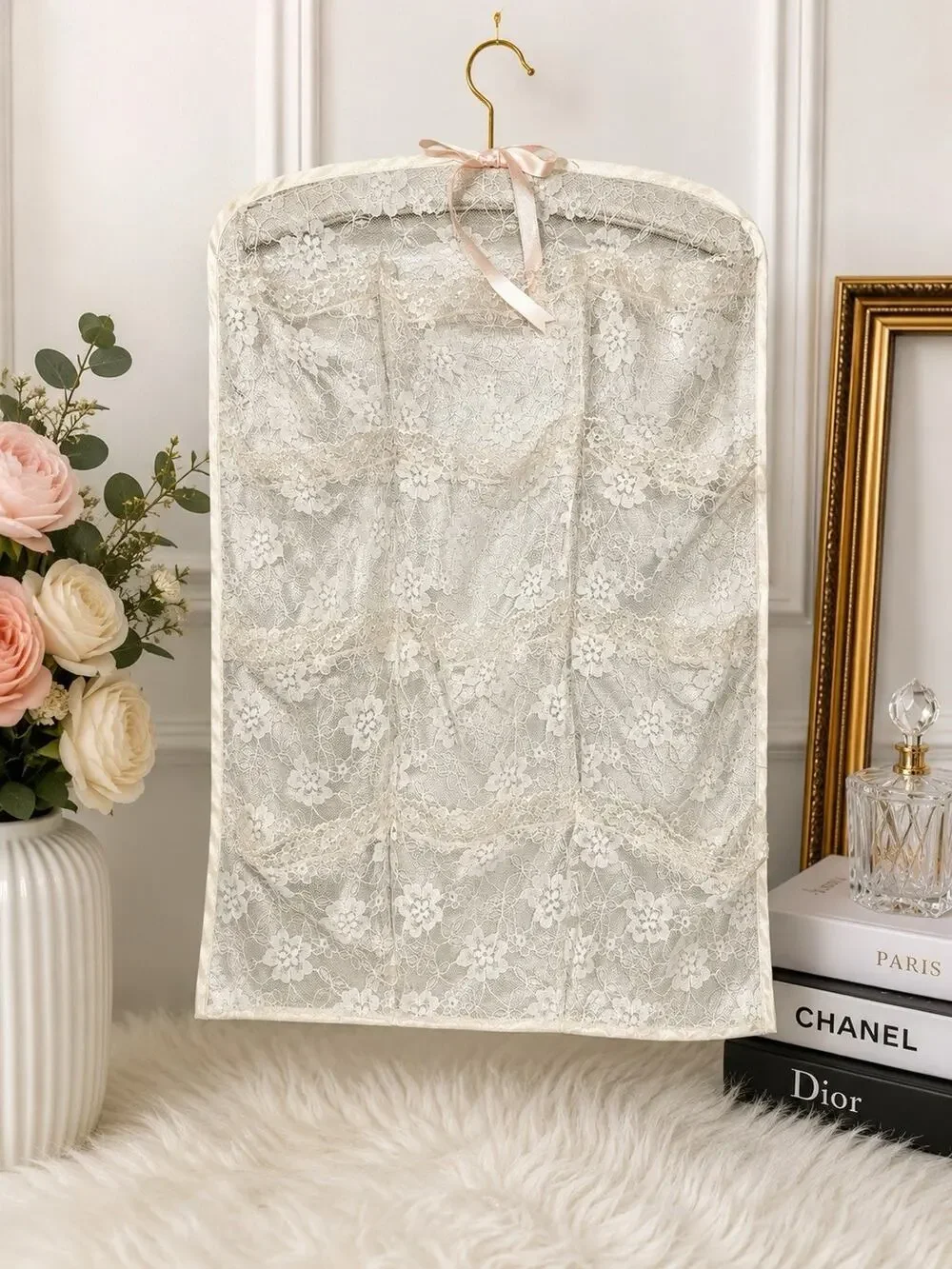 Vintage White Lace Garment Bag Floral Embroidered Hanging Organizer